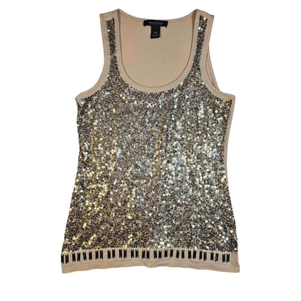 White House Black Market Sequin Tank Top Beige Gold Silver Beaded Trim XS